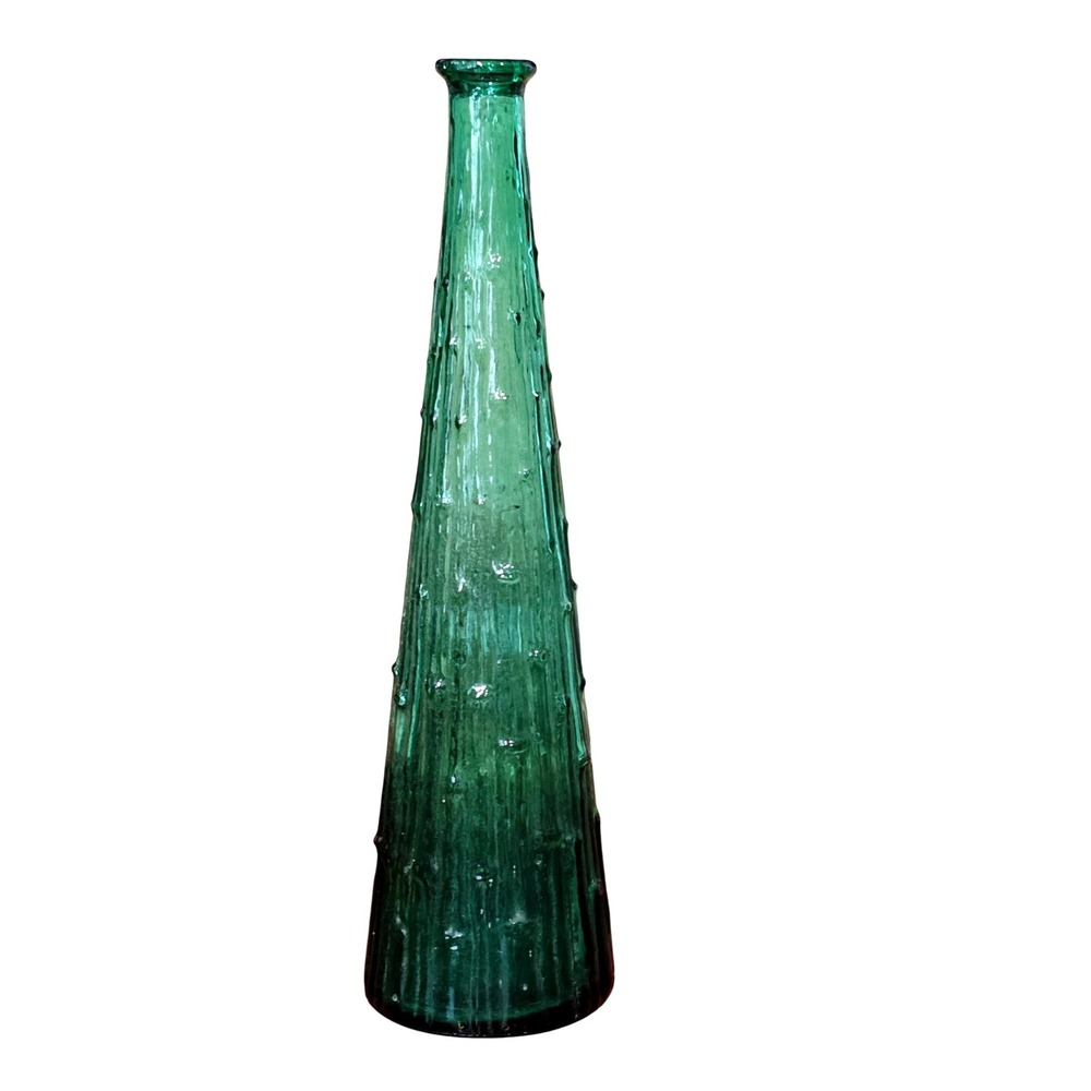 Vintage Textured Glass Decanter Made in Italy Emerald Green Bark Bottle Vase MCM